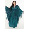 Unique Vintage Plus Size 1960s Fringe Flutter Sleeve Caftan In Emerald Floral