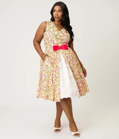 Unique Vintage Plus Size 1960s Garden Party Swing Dress In Multi