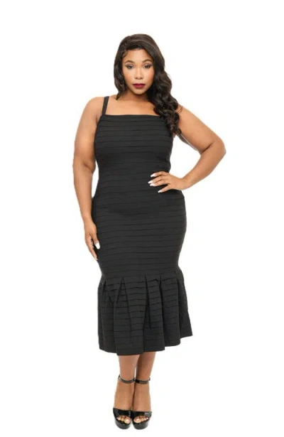 Unique Vintage Plus Size 1960s Pleated Mermaid Pencil Dress In Black