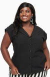 Unique Vintage Plus Size 1960s Twill Sleeveless Blouse In Black