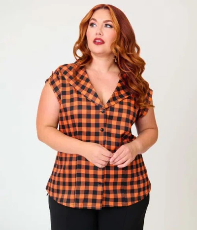 Unique Vintage Plus Size 1960s Twill Sleeveless Blouse In Orange