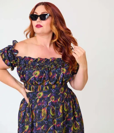Unique Vintage Plus Size 1970s Off Ruffle Up Crop Top In Purple