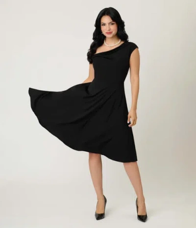 Unique Vintage Plus Size Asymmetrical Neck Swing Dress In Black