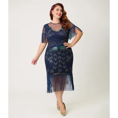 Unique Vintage Plus Size Beaded Nadine Fringe Flapper Dress In Blue