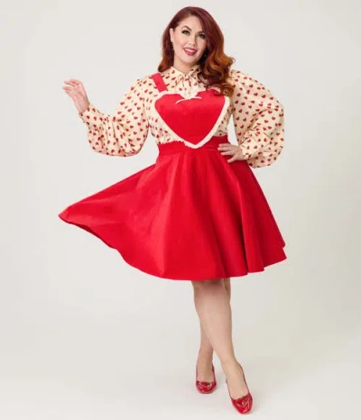 Unique Vintage Plus Size Bib Pinafore Skirt In Red