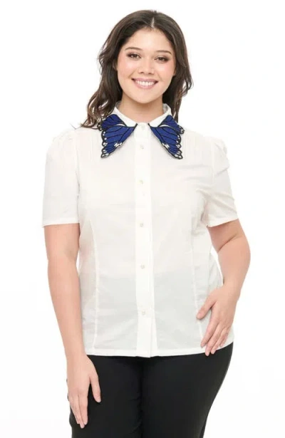 Unique Vintage Plus Size Blouse With Embroidered Collar In White/blue
