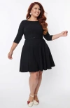 Unique Vintage Plus Size Boat Neck Belted Stephanie Fit & Flare Dress In Black