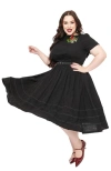 Unique Vintage Plus Size Boatneck Ricrac Swing Dress In Black Floral
