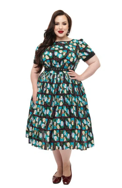 Unique Vintage Plus Size Boatneck Ricrac Swing Dress In Black Golden Girls