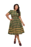 Unique Vintage Plus Size Boatneck Ricrac Swing Dress In Green Plaid