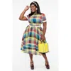 Unique Vintage Plus Size Boatneck Ricrac Swing Dress In Multicolor Plaid