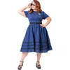 Unique Vintage Plus Size Boatneck Ricrac Swing Dress In Blue