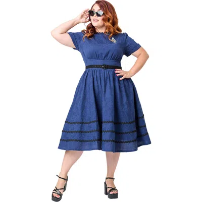 Unique Vintage Plus Size Boatneck Ricrac Swing Dress In Blue