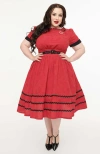 Unique Vintage Plus Size Boatneck Ricrac Swing Dress In Red