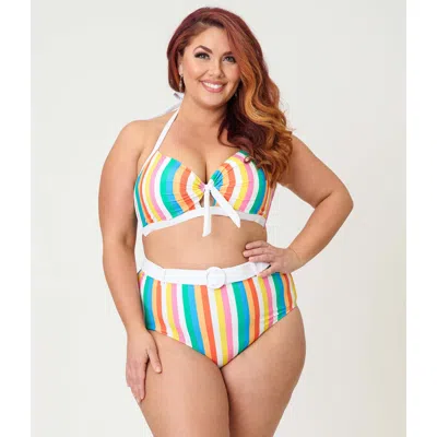 Unique Vintage Plus Size Bow Halter Swim Top In Multi