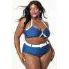 Unique Vintage Plus Size Bow Halter Swim Top In Navy White Dots