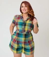 Unique Vintage Plus Size Button Front Romper In Green