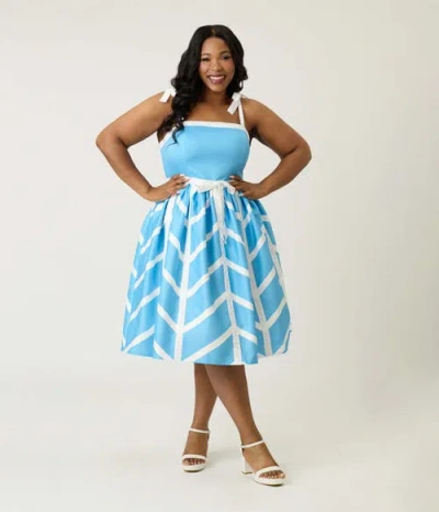 Unique Vintage Plus Size Chevron Eyelet Swing Dress In Blue