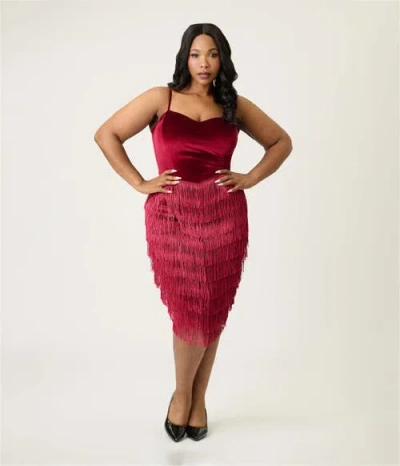 Unique Vintage Plus Size Chevron Fringe Pencil Dress In Burgundy
