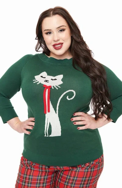Unique Vintage Plus Size Classic Knit Sweater In Green Cat