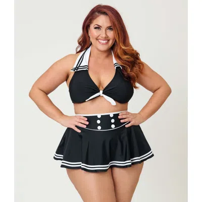 Unique Vintage Plus Size Collared Halter Faux Tie Front Swim Top In Black