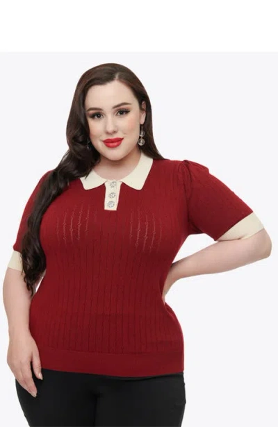 Unique Vintage Plus Size Collared Short Sleeve Prim & Pretty Sweater In Burgundy