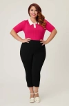 Unique Vintage Plus Size Collared Short Sleeve Prim & Pretty Sweater In Pink