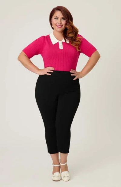 Unique Vintage Plus Size Collared Short Sleeve Prim & Pretty Sweater In Pink