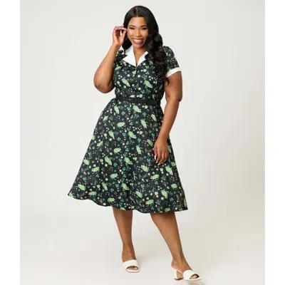 Unique Vintage Plus Size Collared Short Sleeved Belted Alexis Swing Dress In Black