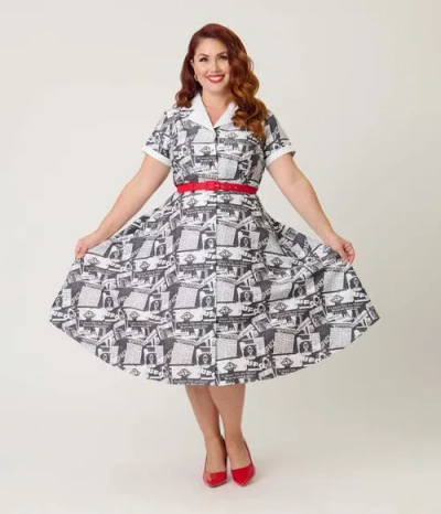 Unique Vintage Plus Size Collared Short Sleeved Belted Alexis Swing Dress In Gray
