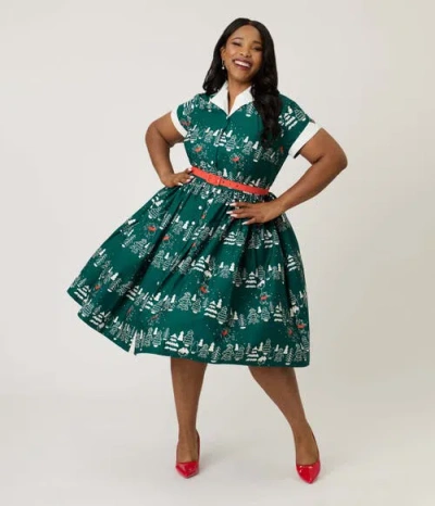 Unique Vintage Plus Size Collared Short Sleeved Belted Alexis Swing Dress In Green