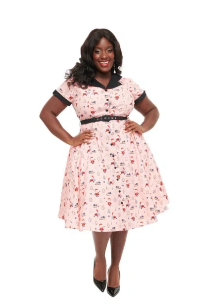 Unique Vintage Plus Size Collared Short Sleeved Belted Alexis Swing Dress In Pink Santa Print