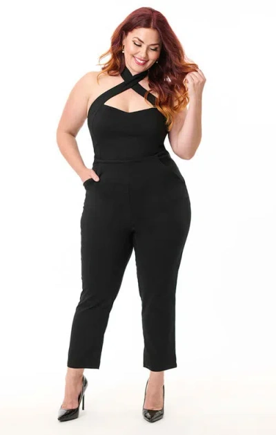 Unique Vintage Plus Size Criss Cross Halter Jumpsuit In Black