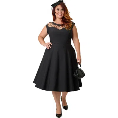 Unique Vintage Plus Size Diamond Cutout Swing Dress In Black