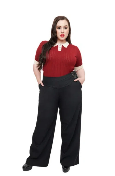 Unique Vintage Plus Size Double Belt Woven Pants In Black