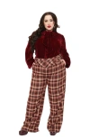 Unique Vintage Plus Size Double Belt Woven Pants In Burgundy Plaid