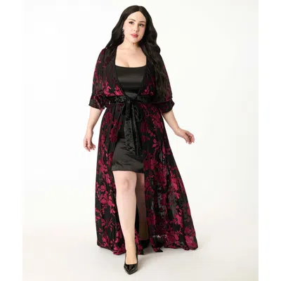 Unique Vintage Plus Size Floral Velvet Burnout Duster In Black