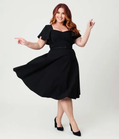Unique Vintage Plus Size Flutter Sleeve Belted Swing Dress In Black
