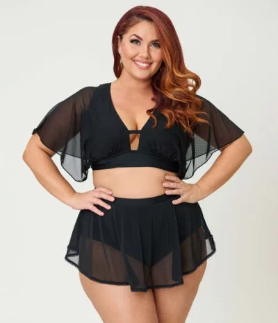 Unique Vintage Plus Size Flutter Sleeve Swim Top In Black