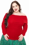 Unique Vintage Plus Size Fold Shoulder Long Sleeve Knit Top In Red