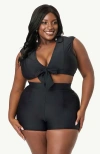 Unique Vintage Plus Size Full Coverage Bow Swim Top In Black