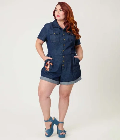 Unique Vintage Plus Size Garage Style Romper In Blue