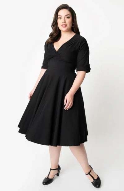 Unique Vintage Plus Size Half Sleeve Surplice Delores Swing Dress In Black