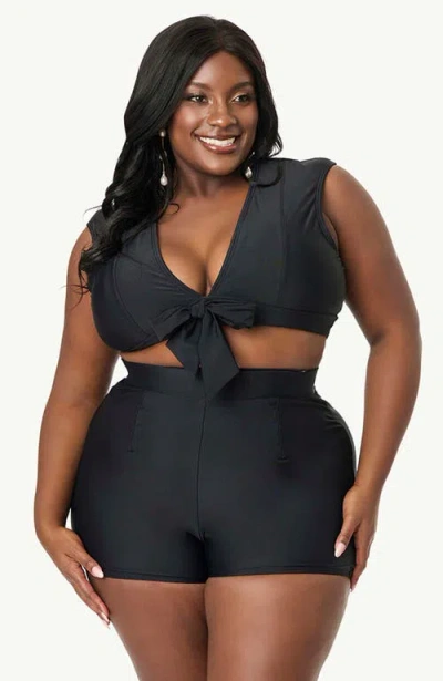 Unique Vintage Plus Size High Waist Swim Shorts In Black