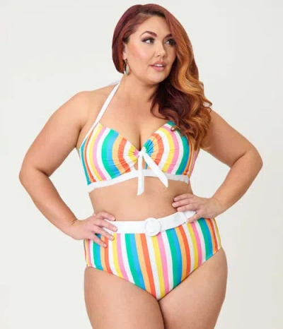 Unique Vintage Plus Size High Waisted Belted Redondo Swim Bottoms In Multi