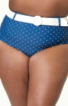 Unique Vintage Plus Size High Waisted Belted Redondo Swim Bottoms In Navy & White Pin Dot