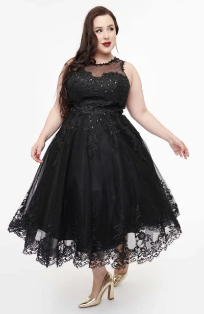 Unique Vintage Plus Size Lace & Tulle Riviera Dress In Black