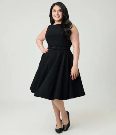 Unique Vintage Plus Size Long Sleeve Belted Devon Swing Dress In Black