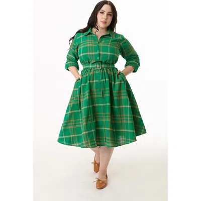 Unique Vintage Plus Size Long Sleeve Belted Shirt Dress In Green