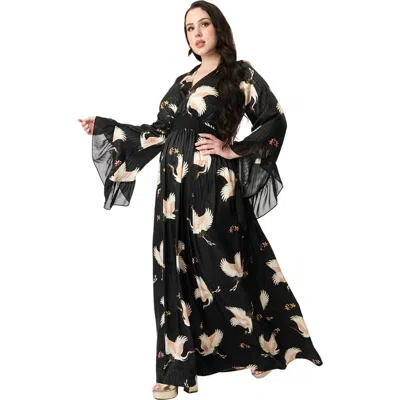 Unique Vintage Plus Size Long Sleeve Empire Waist Maxi Dress In Black Crane Print